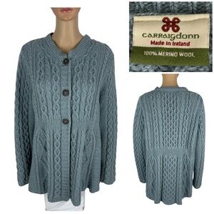 Carraig Donn Womens XL Cardigan Merino Wool Fisherman Sweater Cable Green EUC